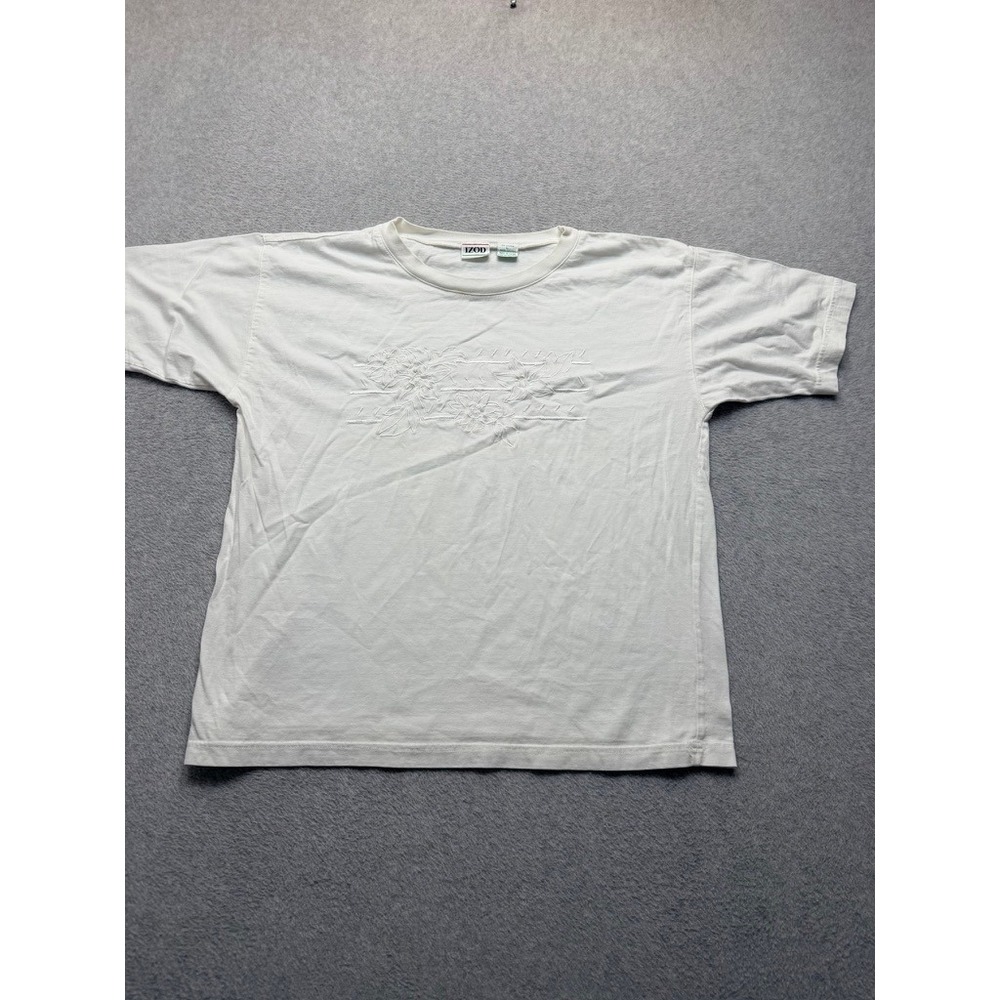 Izod White Cotton T-Shirt Short Sleeve Tonal Floral Embroidered Crew Neck Large